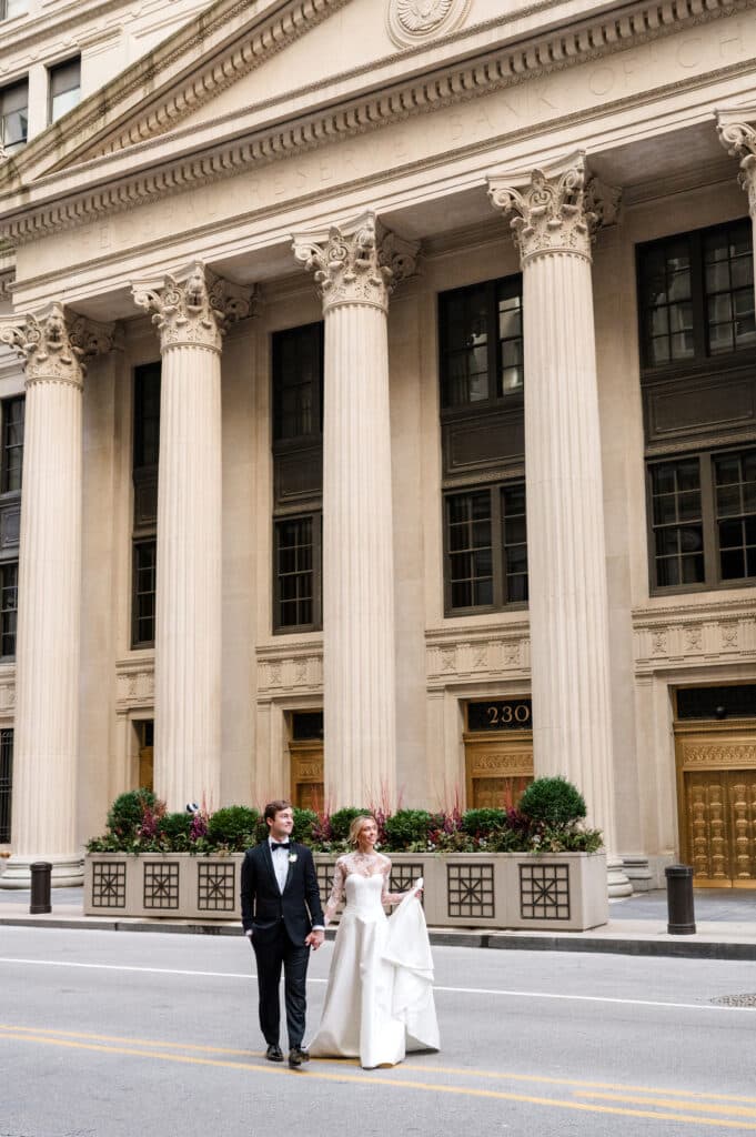 Bride and Groom in front of the University Club of Chicago