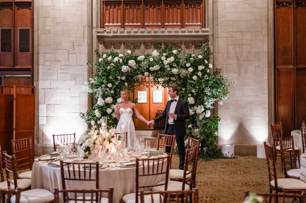 Wedding Reception, featuring Fruitwood Chiavari Chairs from Tablescapes Event Rentals