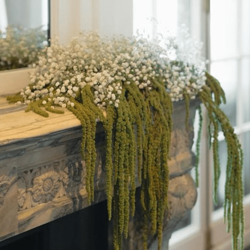 Mantel with baby's breath at Chicago's Swift & Sons