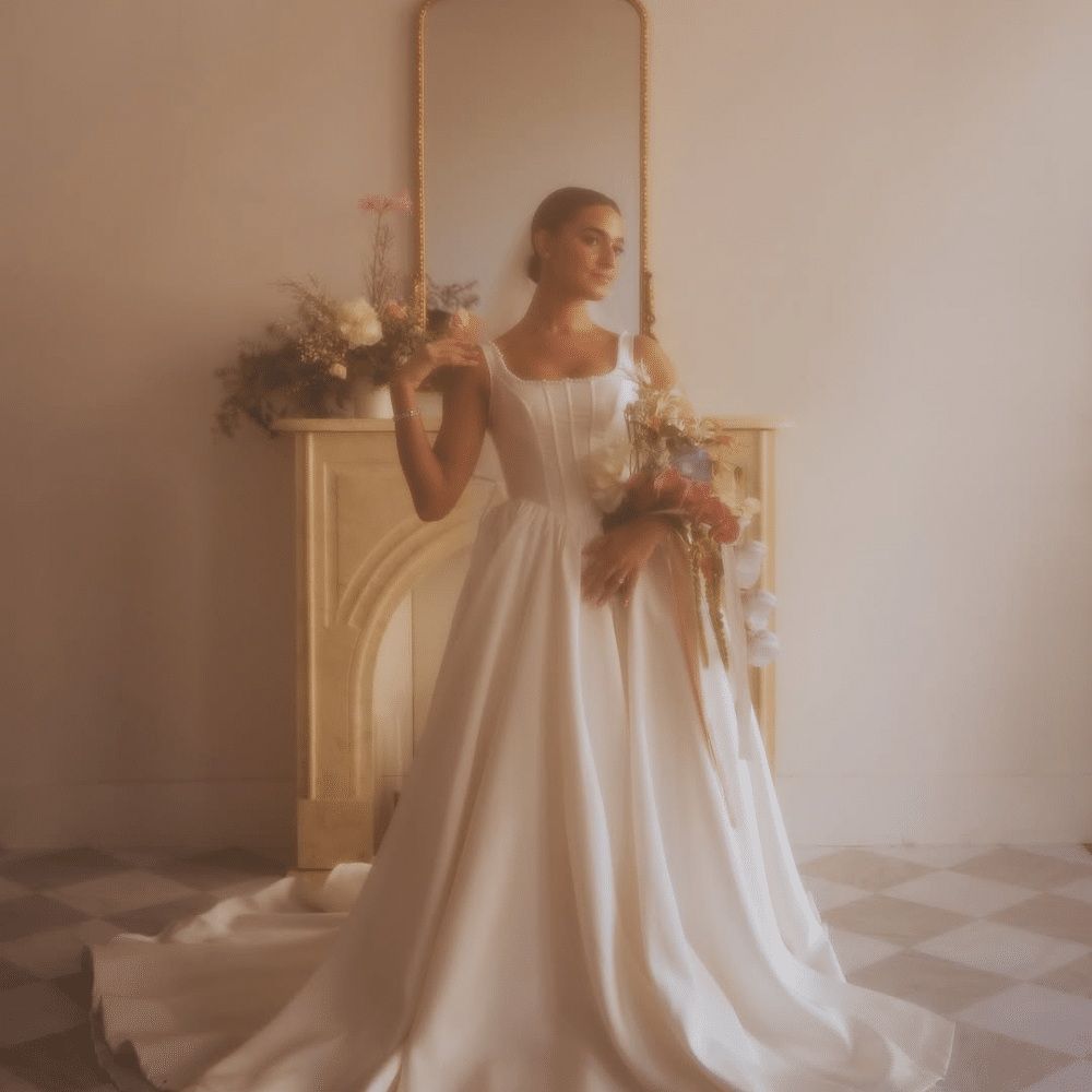 Bride holding bright pink and purple wedding bouquet at a Chicago wedding styled shoot.