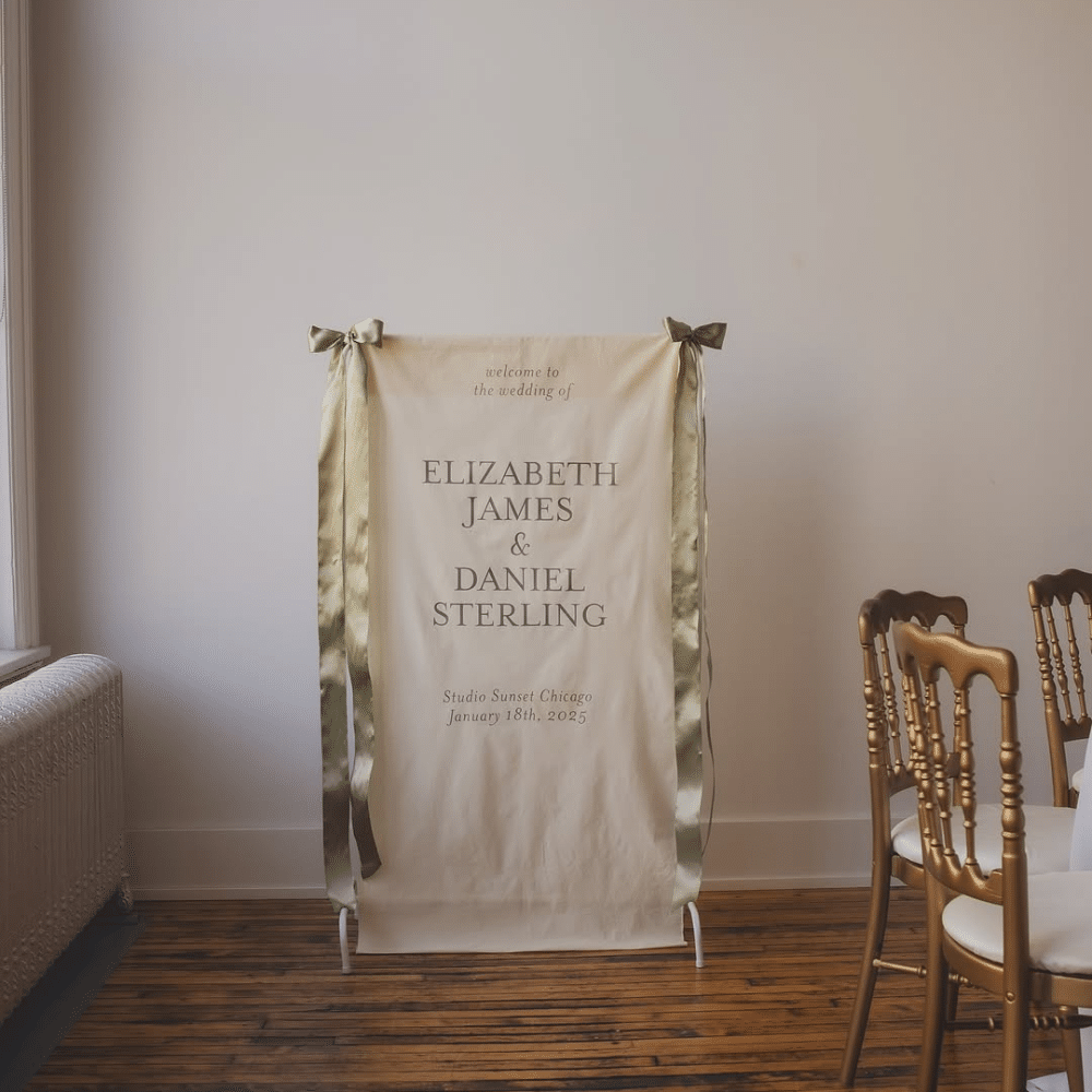 Wedding welcome sign with long satin green bows.