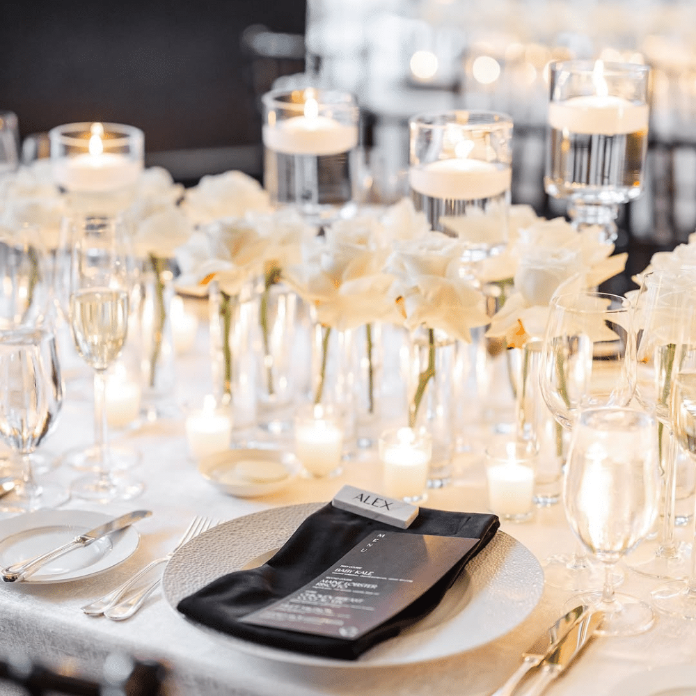 Black and white wedding reception tablescape.